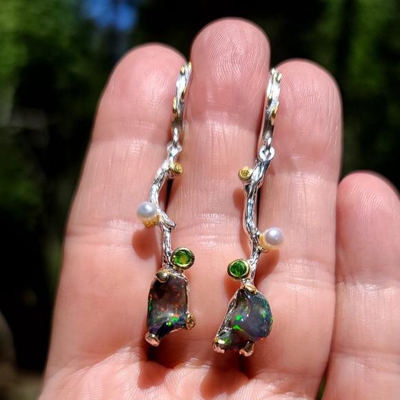RAW black Opal chrome Diopside pearl & citrine sterling vine earrings - Picture 10 of 13